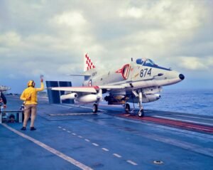 Royal Australian Navy A-4G Skyhawk on the catapult aboard HMAS Melbourne