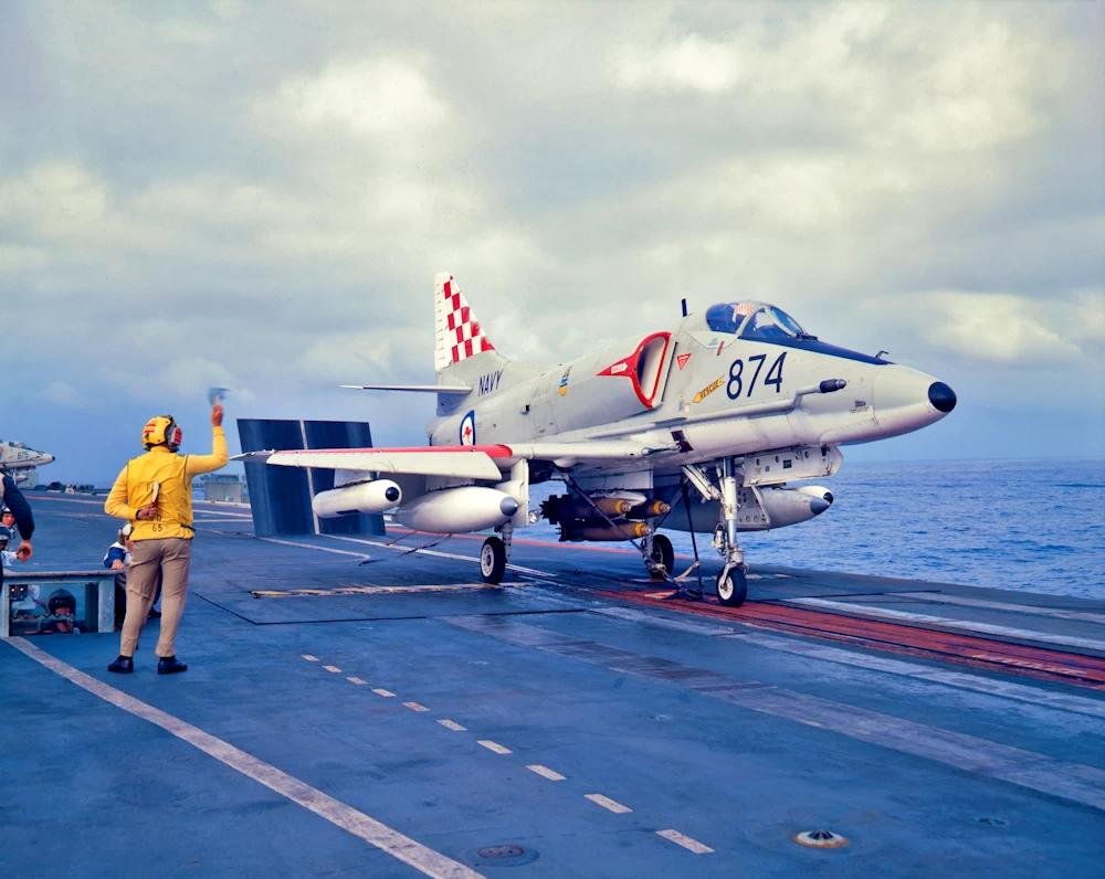 Royal Australian Navy A-4G Skyhawk on the catapult aboard HMAS Melbourne