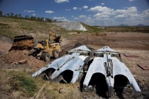 Retired RAAF F-111 fuselages and aircraft components at the Swanbank burial site in Queensland